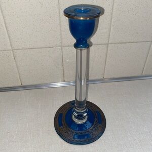 Vintage Blue & Clear Glass Candlestick Bronze Color  Etching Accents
